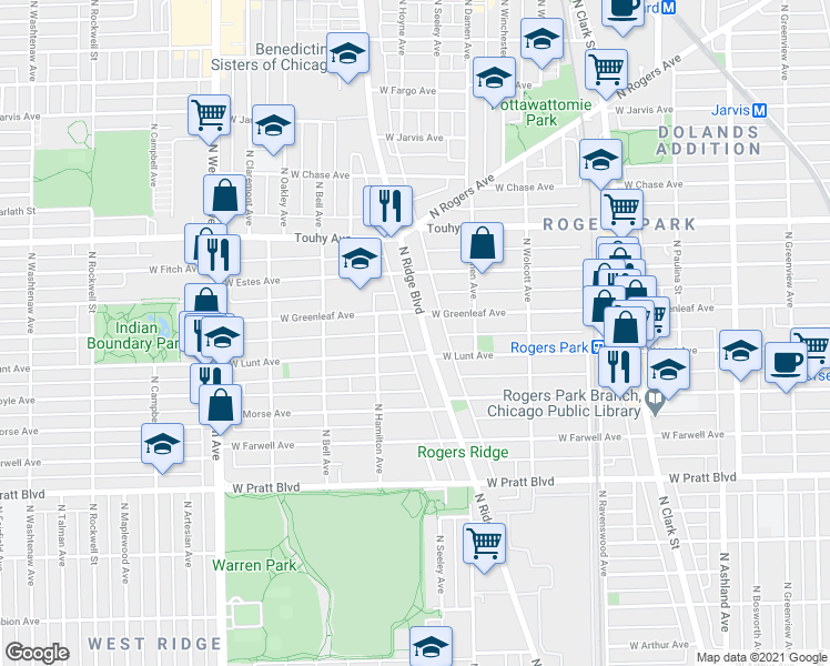 map of restaurants, bars, coffee shops, grocery stores, and more near 7004 North Ridge Boulevard in Chicago