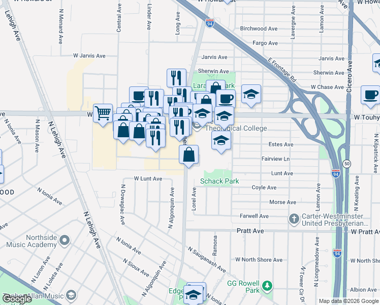 map of restaurants, bars, coffee shops, grocery stores, and more near 7016 Carpenter Road in Skokie
