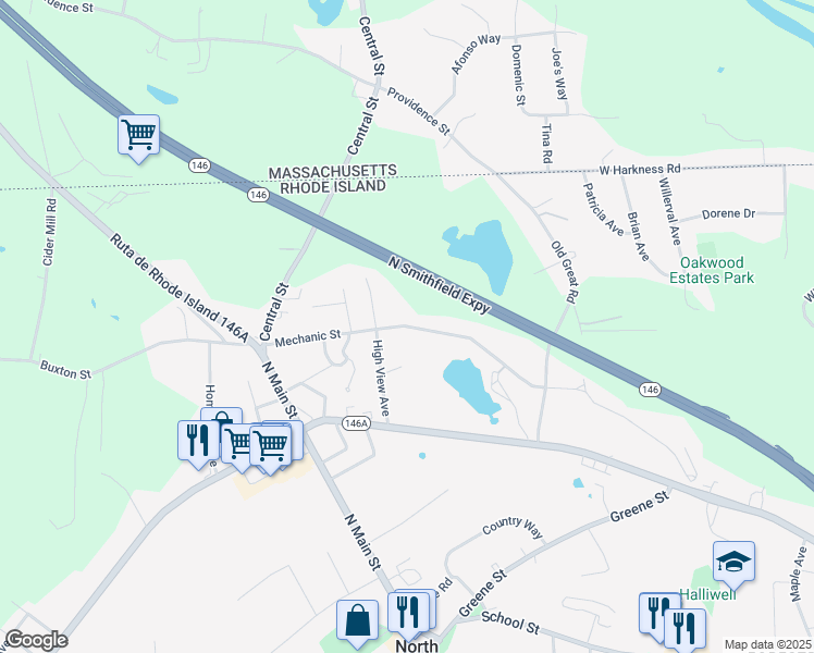 map of restaurants, bars, coffee shops, grocery stores, and more near 245 Mechanic Street in North Smithfield