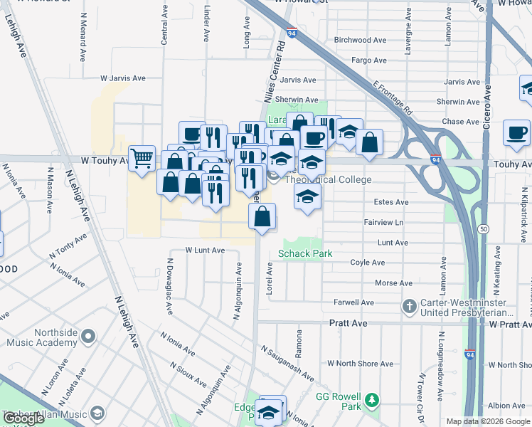 map of restaurants, bars, coffee shops, grocery stores, and more near 5340 Fairview Lane in Skokie