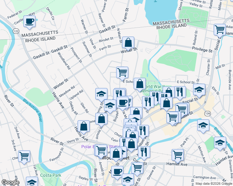 map of restaurants, bars, coffee shops, grocery stores, and more near 230 West School Street in Woonsocket