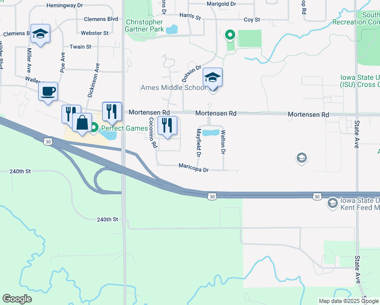 map of restaurants, bars, coffee shops, grocery stores, and more near 4215 Maricopa Drive in Ames