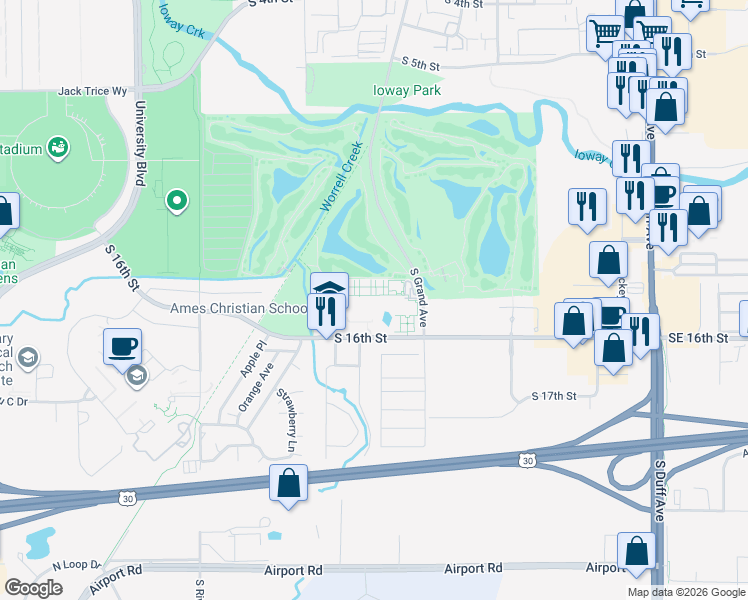 map of restaurants, bars, coffee shops, grocery stores, and more near 917 South 16th Street in Ames