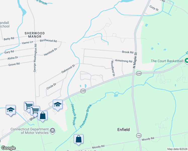map of restaurants, bars, coffee shops, grocery stores, and more near 111 Shaker Road in Enfield