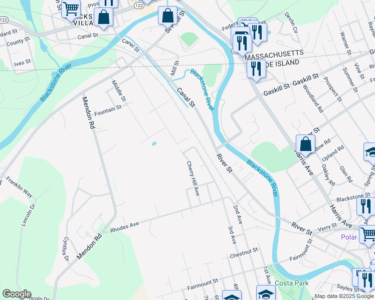 map of restaurants, bars, coffee shops, grocery stores, and more near 44 Scotia Street in Woonsocket
