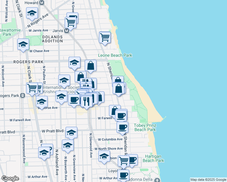 map of restaurants, bars, coffee shops, grocery stores, and more near 7010 North Sheridan Road in Chicago