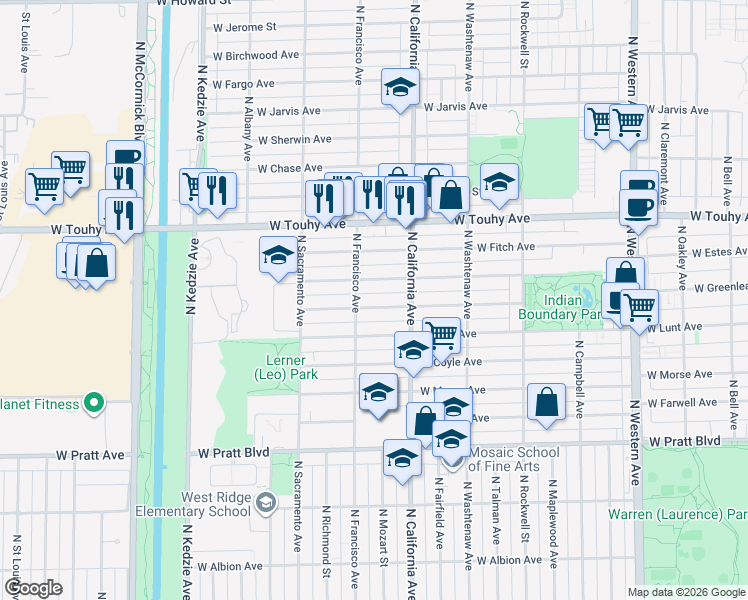 map of restaurants, bars, coffee shops, grocery stores, and more near 2855 West Greenleaf Avenue in Chicago