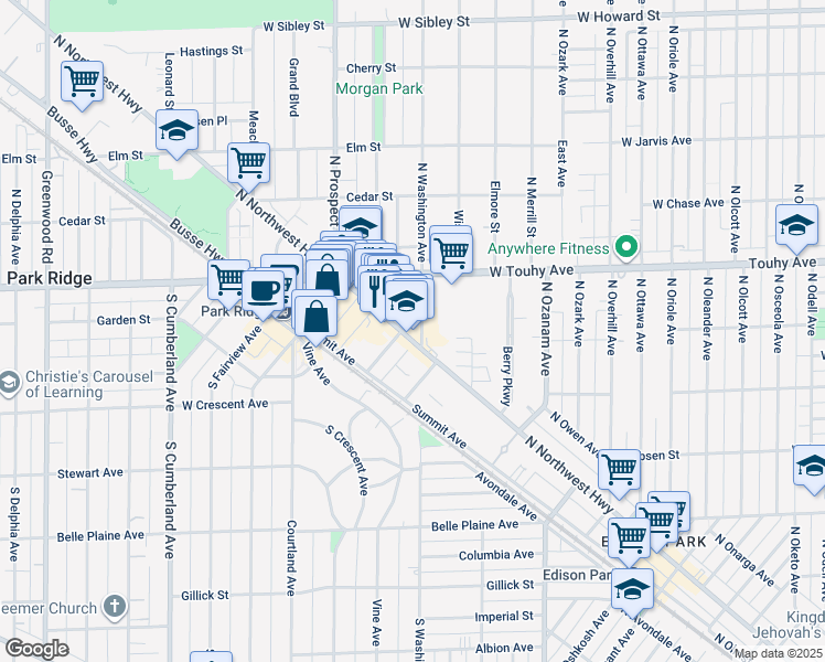 map of restaurants, bars, coffee shops, grocery stores, and more near 320 South Washington Avenue in Park Ridge
