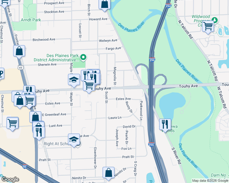 map of restaurants, bars, coffee shops, grocery stores, and more near 2074 Estes Avenue in Des Plaines