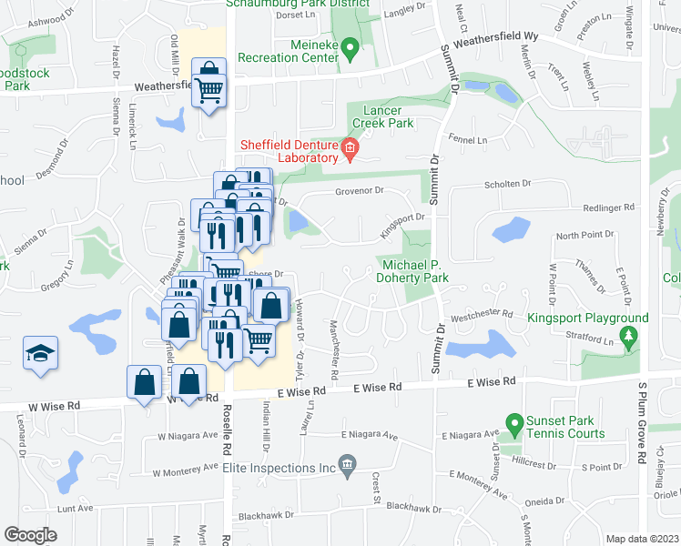map of restaurants, bars, coffee shops, grocery stores, and more near 121 Manchester Court in Schaumburg