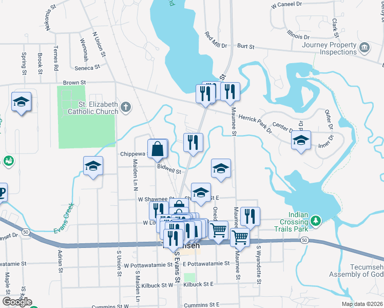 map of restaurants, bars, coffee shops, grocery stores, and more near 409 North Evans Street in Tecumseh
