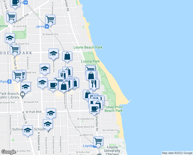 map of restaurants, bars, coffee shops, grocery stores, and more near 1147 West Lunt Avenue in Chicago