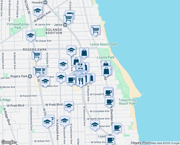 map of restaurants, bars, coffee shops, grocery stores, and more near 1317 West Lunt Avenue in Chicago