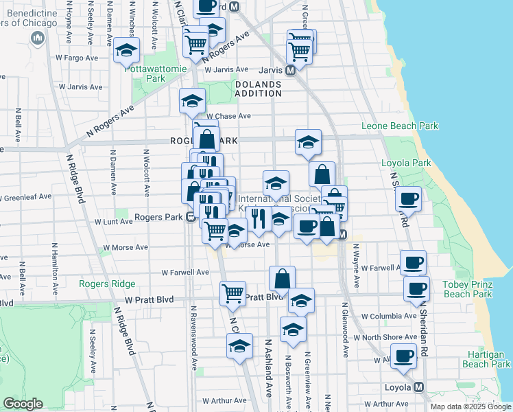 map of restaurants, bars, coffee shops, grocery stores, and more near 1642 West Lunt Avenue in Chicago