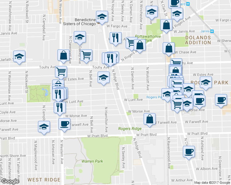 map of restaurants, bars, coffee shops, grocery stores, and more near 7004 North Ridge Boulevard in Chicago