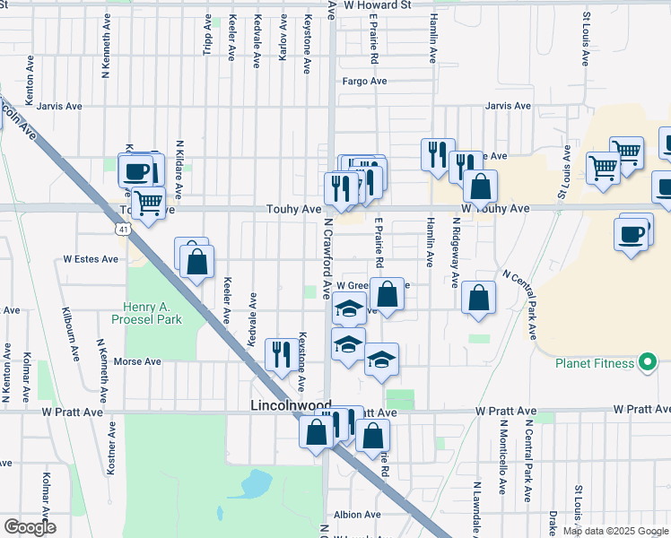 map of restaurants, bars, coffee shops, grocery stores, and more near 7030 North Crawford Avenue in Lincolnwood