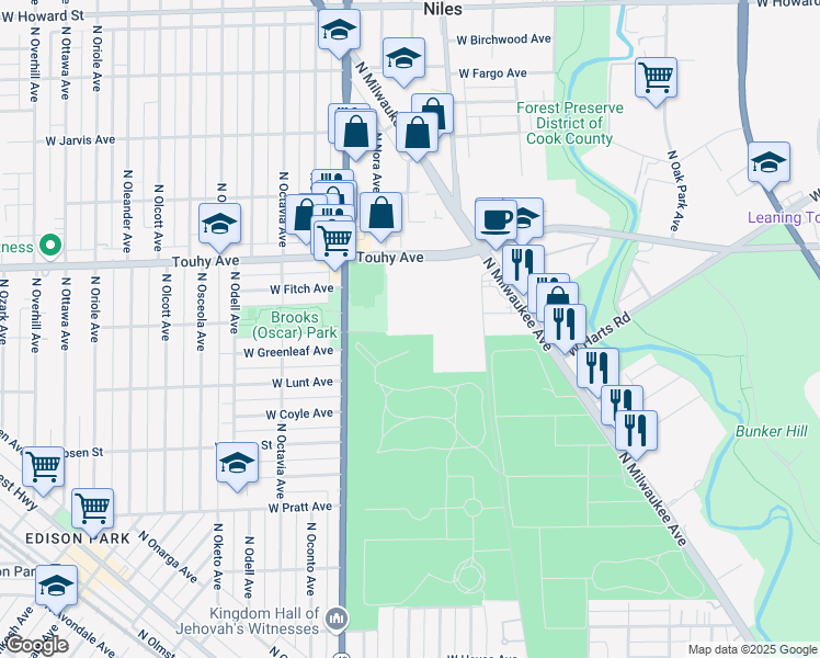 map of restaurants, bars, coffee shops, grocery stores, and more near 7061 West Touhy Avenue in Niles