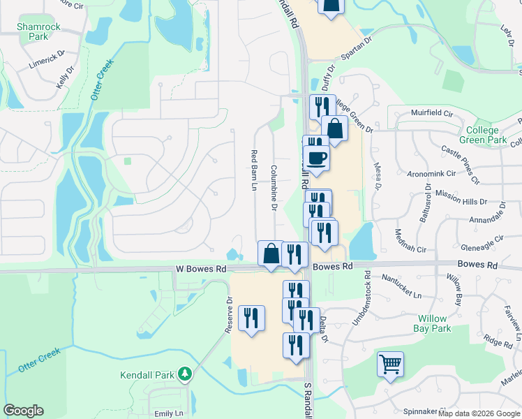 map of restaurants, bars, coffee shops, grocery stores, and more near 832 Red Barn Lane in Elgin