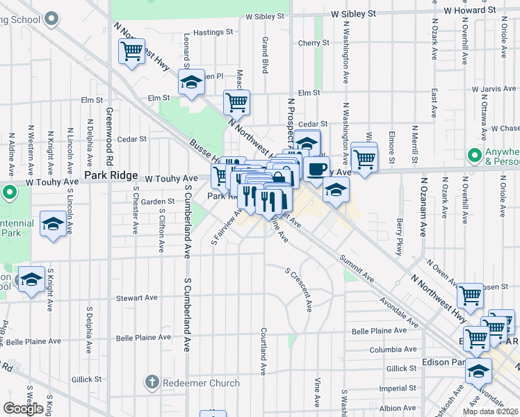 map of restaurants, bars, coffee shops, grocery stores, and more near 116 Main Street in Park Ridge