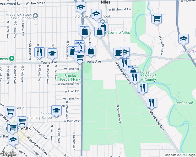 map of restaurants, bars, coffee shops, grocery stores, and more near 7061 West Touhy Avenue in Niles