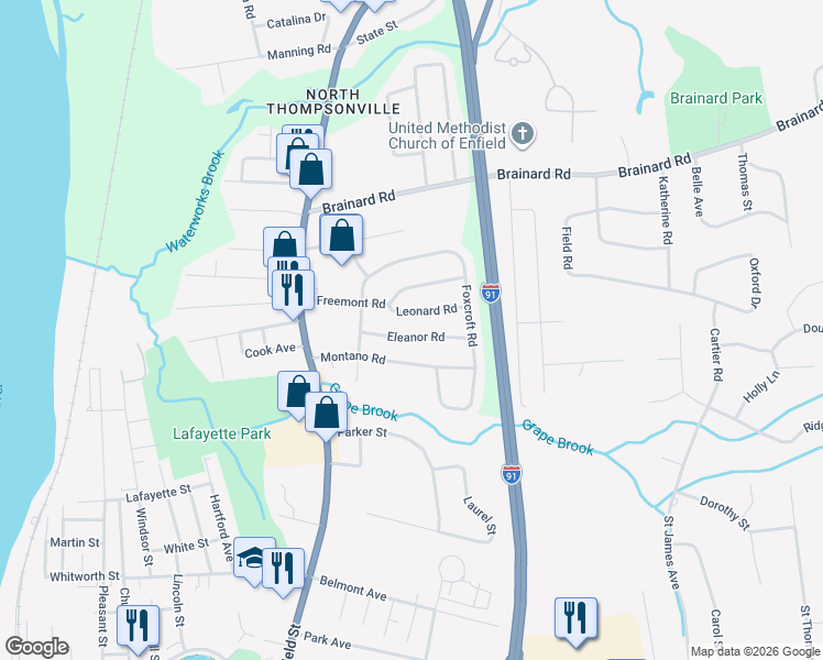 map of restaurants, bars, coffee shops, grocery stores, and more near 23 Montano Road in Enfield