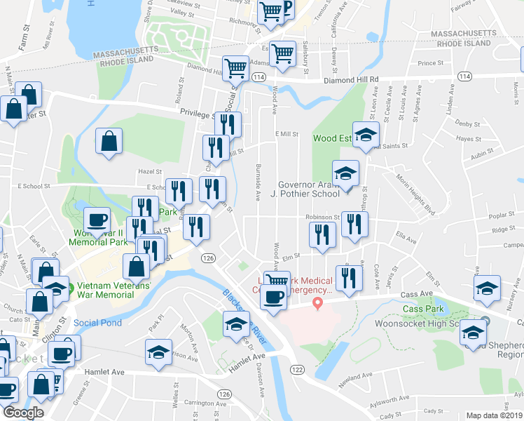 map of restaurants, bars, coffee shops, grocery stores, and more near 153 Burnside Avenue in Woonsocket