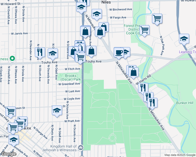 map of restaurants, bars, coffee shops, grocery stores, and more near 7061 West Touhy Avenue in Niles