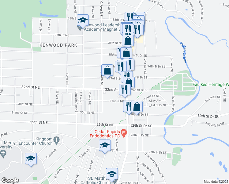 map of restaurants, bars, coffee shops, grocery stores, and more near 139 32nd Street Northeast in Cedar Rapids