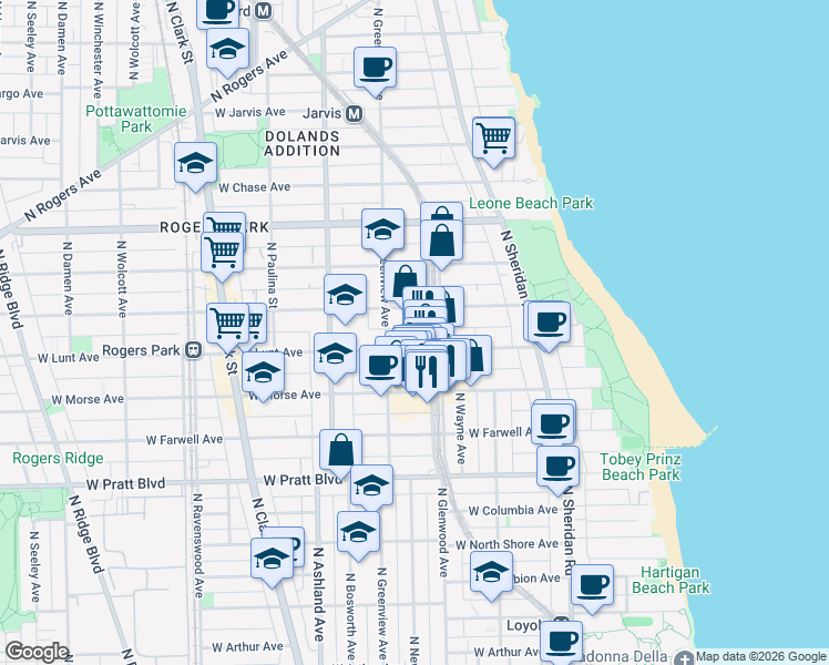map of restaurants, bars, coffee shops, grocery stores, and more near 1420 West Lunt Avenue in Chicago
