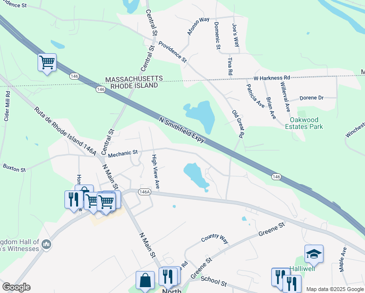 map of restaurants, bars, coffee shops, grocery stores, and more near 178 Mechanic Street in North Smithfield