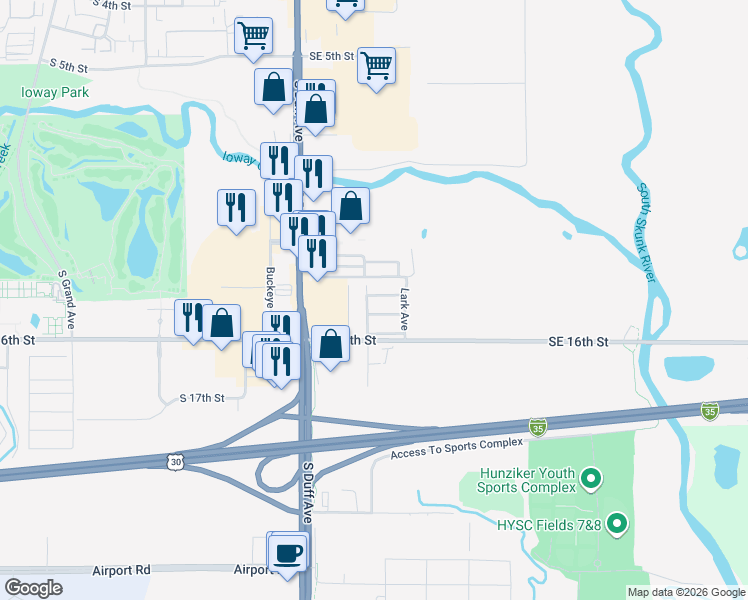 map of restaurants, bars, coffee shops, grocery stores, and more near 115-147 Wren Avenue in Ames