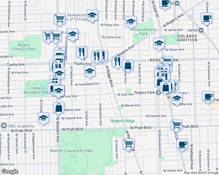map of restaurants, bars, coffee shops, grocery stores, and more near 7004 North Ridge Boulevard in Chicago