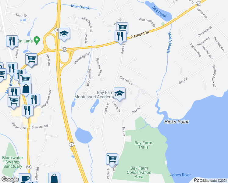 map of restaurants, bars, coffee shops, grocery stores, and more near 193 Parks Street in Duxbury