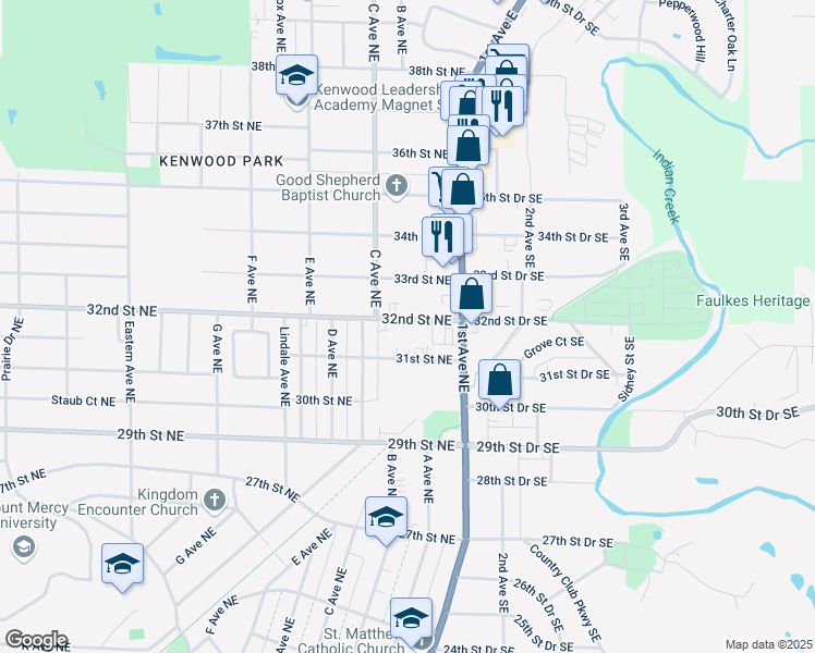 map of restaurants, bars, coffee shops, grocery stores, and more near 217 32nd Street Northeast in Cedar Rapids