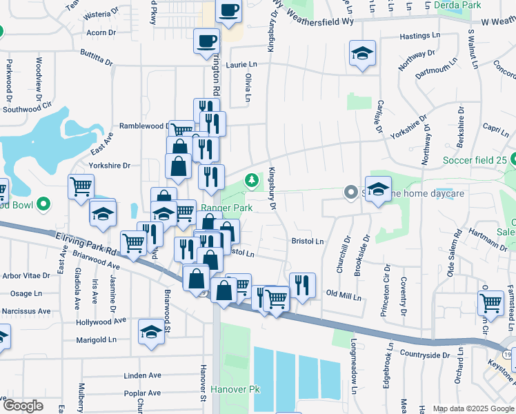 map of restaurants, bars, coffee shops, grocery stores, and more near 1326 Kingsbury Drive in Hanover Park