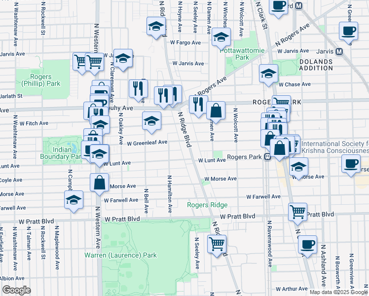 map of restaurants, bars, coffee shops, grocery stores, and more near 7028 North Ridge Boulevard in Chicago