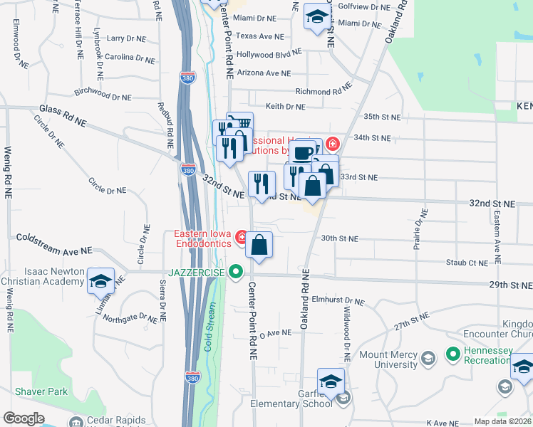map of restaurants, bars, coffee shops, grocery stores, and more near 2956 Center Point Road Northeast in Cedar Rapids