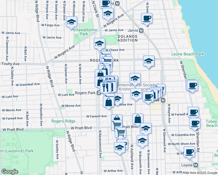 map of restaurants, bars, coffee shops, grocery stores, and more near 7021 North Clark Street in Chicago