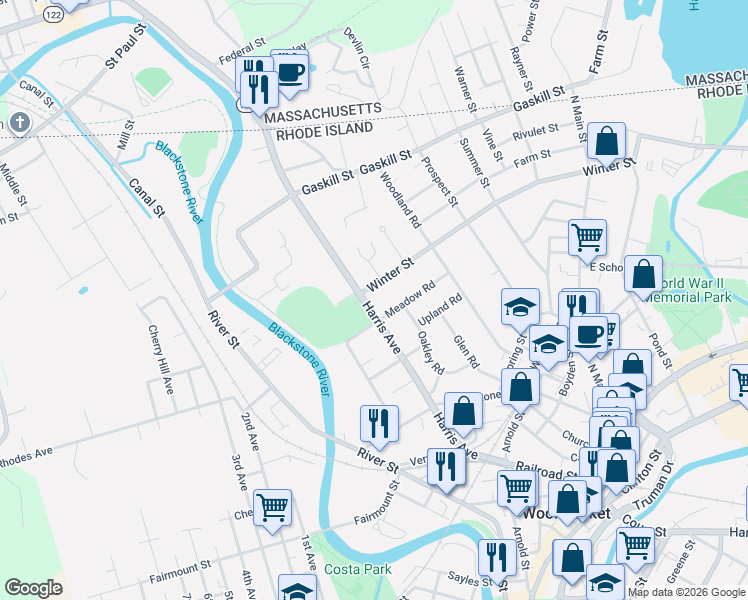 map of restaurants, bars, coffee shops, grocery stores, and more near 362 Harris Avenue in Woonsocket