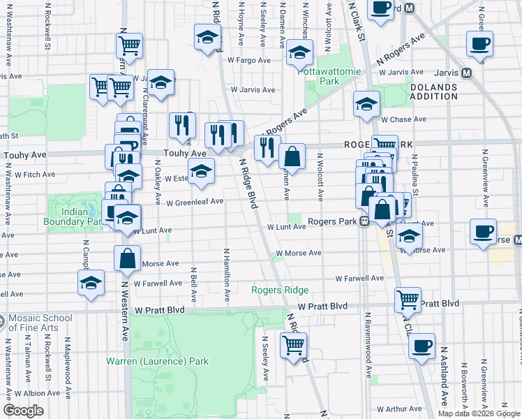 map of restaurants, bars, coffee shops, grocery stores, and more near 7027 North Ridge Boulevard in Chicago