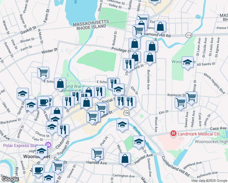 map of restaurants, bars, coffee shops, grocery stores, and more near 600 Social Street in Woonsocket