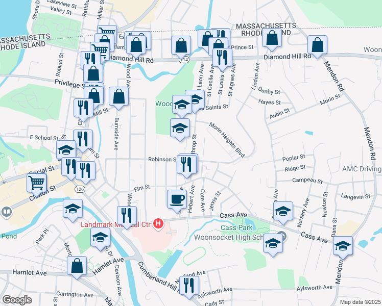 map of restaurants, bars, coffee shops, grocery stores, and more near 76 Winthrop Street in Woonsocket