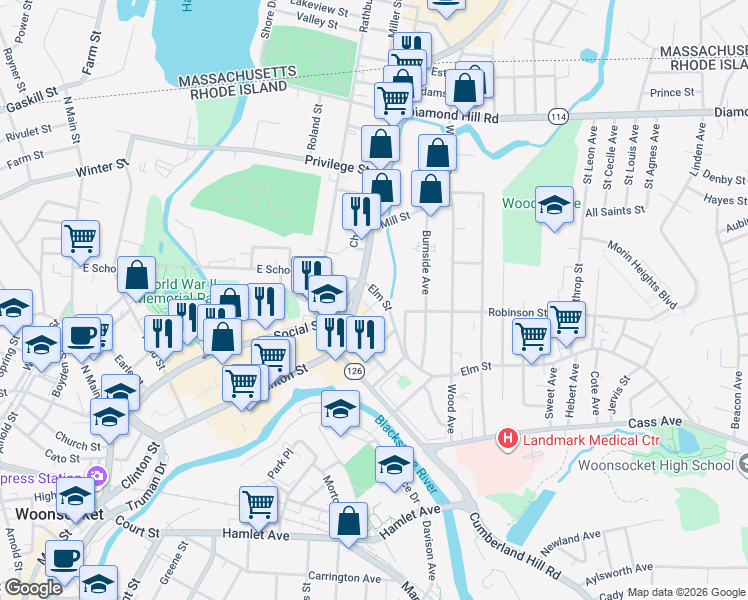 map of restaurants, bars, coffee shops, grocery stores, and more near 103 Brook Street in Woonsocket