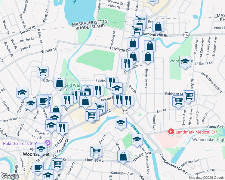 map of restaurants, bars, coffee shops, grocery stores, and more near 600 Social Street in Woonsocket