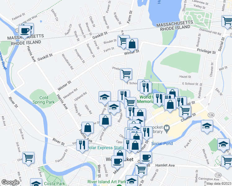map of restaurants, bars, coffee shops, grocery stores, and more near 76 Prospect Street in Woonsocket