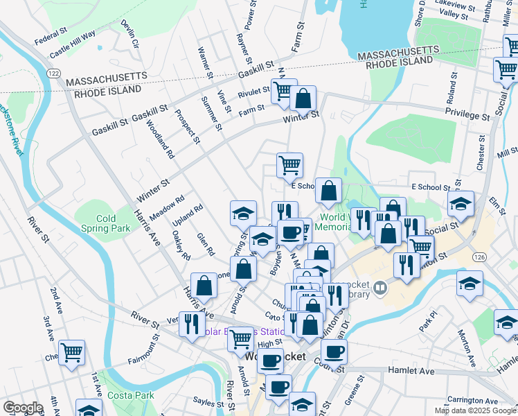 map of restaurants, bars, coffee shops, grocery stores, and more near 76 Prospect Street in Woonsocket
