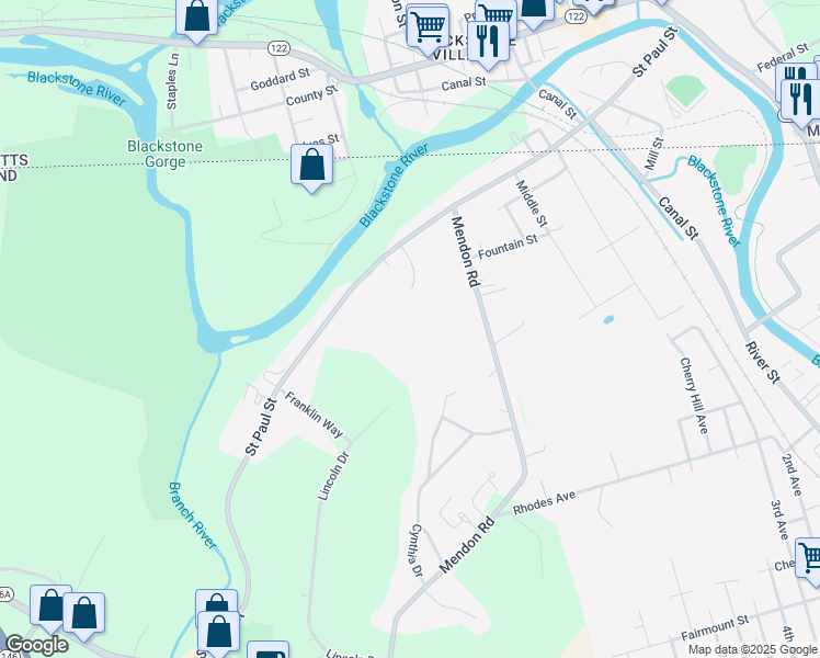 map of restaurants, bars, coffee shops, grocery stores, and more near 302 Saint Paul Street in North Smithfield