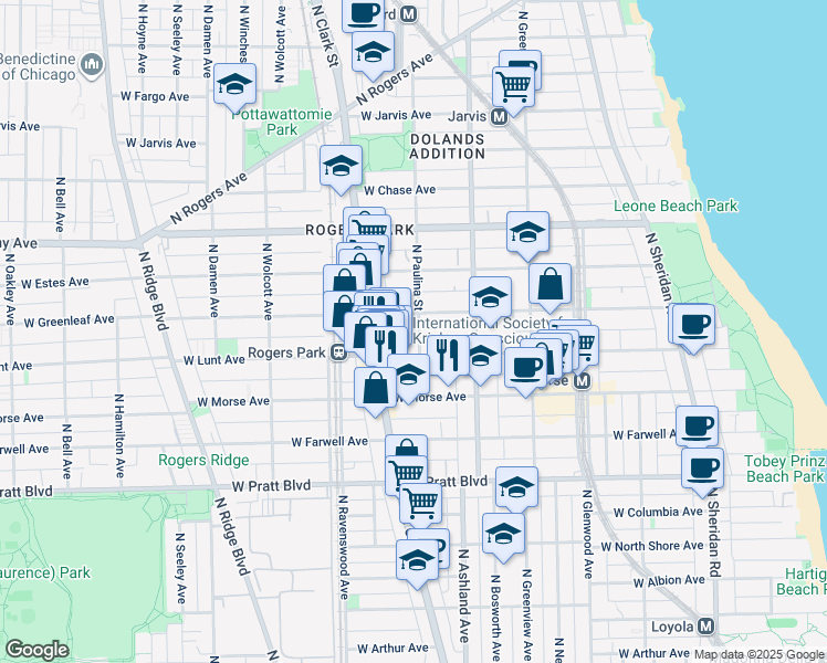 map of restaurants, bars, coffee shops, grocery stores, and more near 1642 West Lunt Avenue in Chicago
