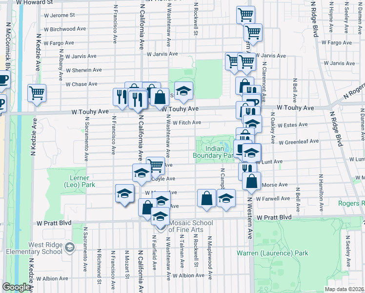 map of restaurants, bars, coffee shops, grocery stores, and more near 2624 West Lunt Avenue in Chicago