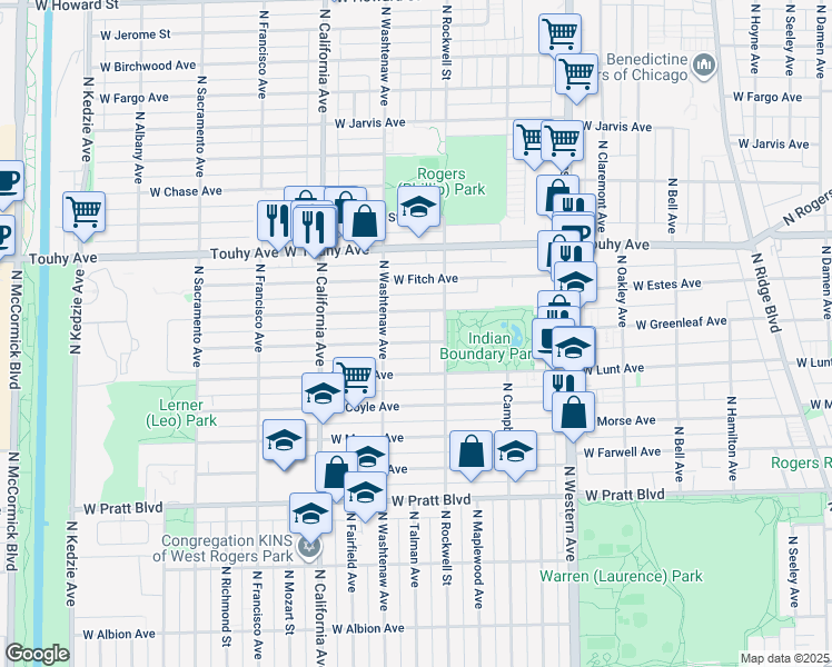 map of restaurants, bars, coffee shops, grocery stores, and more near 2624 West Lunt Avenue in Chicago